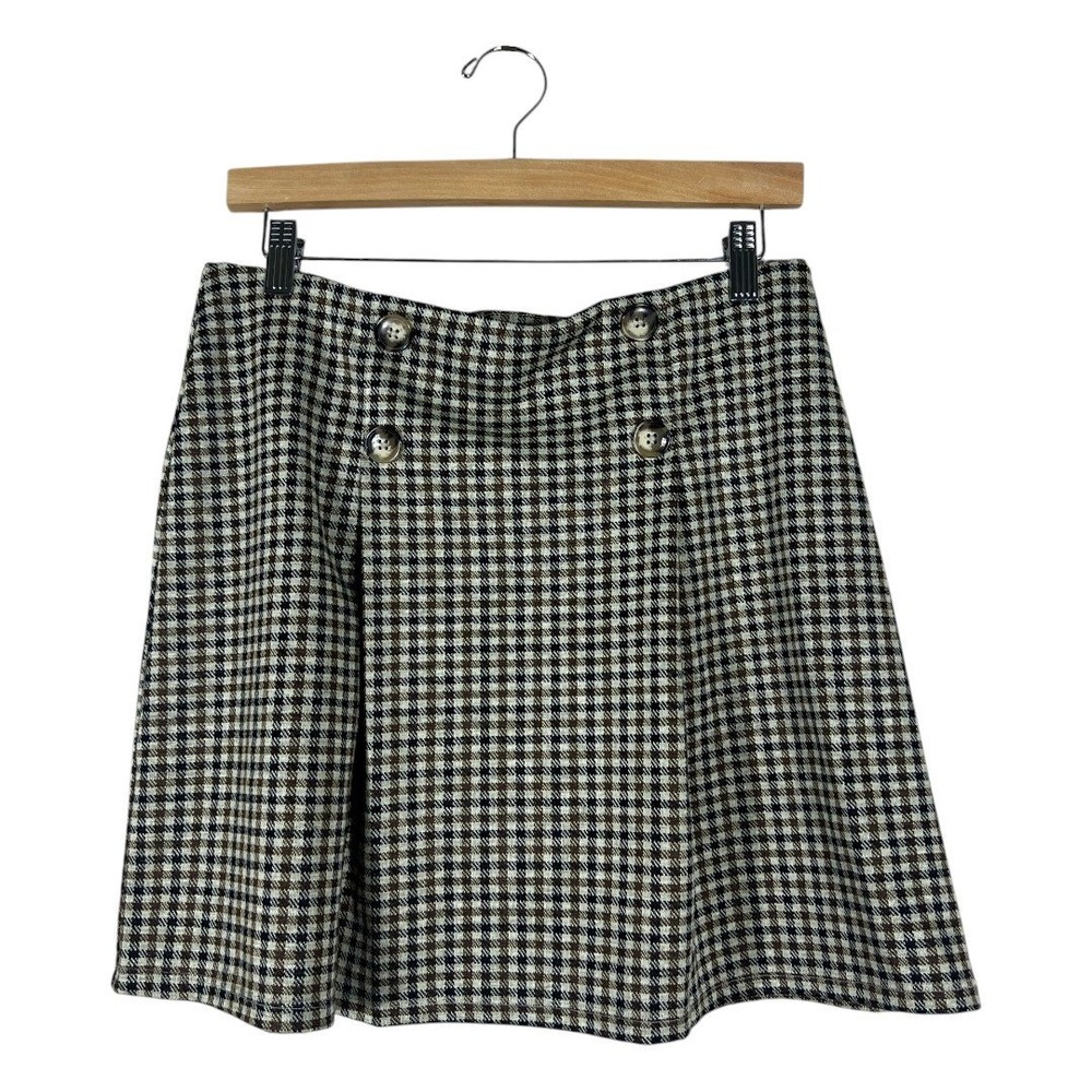 Limonata Houndstooth Plaid Mini Skirt Brown Preppy Button Detail Size L